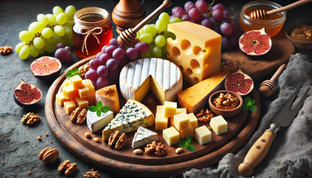 A rustic wooden cheese board featuring a selection of cheeses, including brie, cheddar, gouda, and blue cheese, complemented by grapes, nuts, and honey for a gourmet presentation.