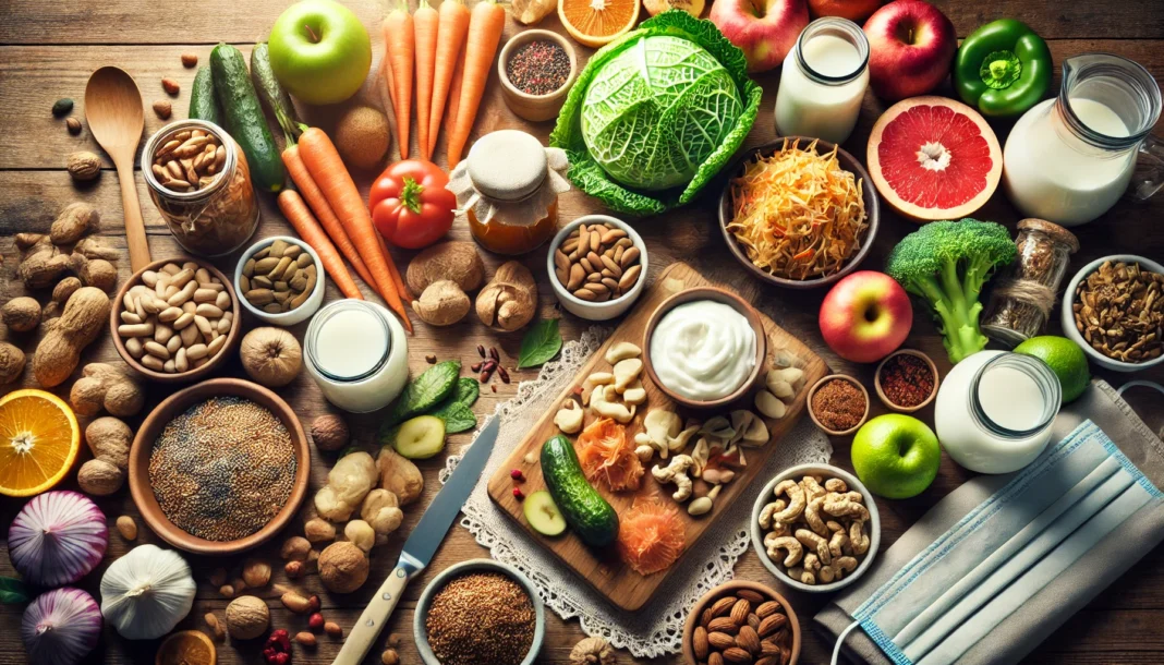 A top-down view of gut-friendly foods, including kimchi, sauerkraut, yogurt, fiber-rich vegetables, fresh fruits, nuts, and whole grains, beautifully arranged on a wooden kitchen counter with natural lighting.