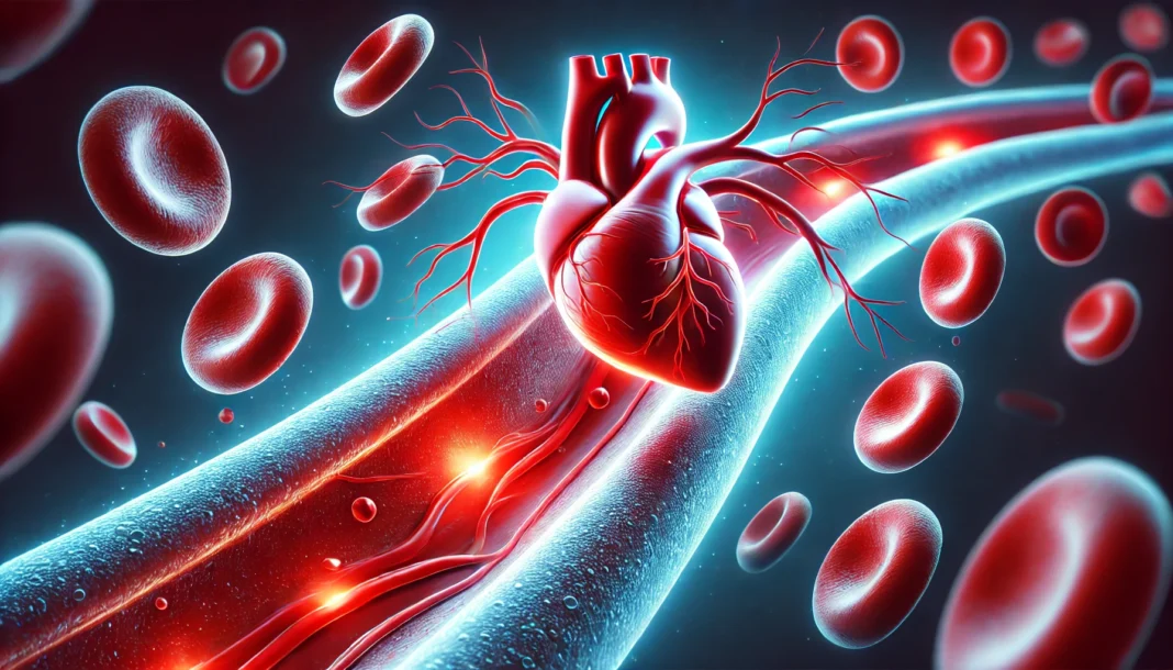 A conceptual medical visualization of a clean, healthy artery with smooth blood flow. The image highlights glowing red blood cells moving freely, symbolizing plaque-free arteries and strong heart health.