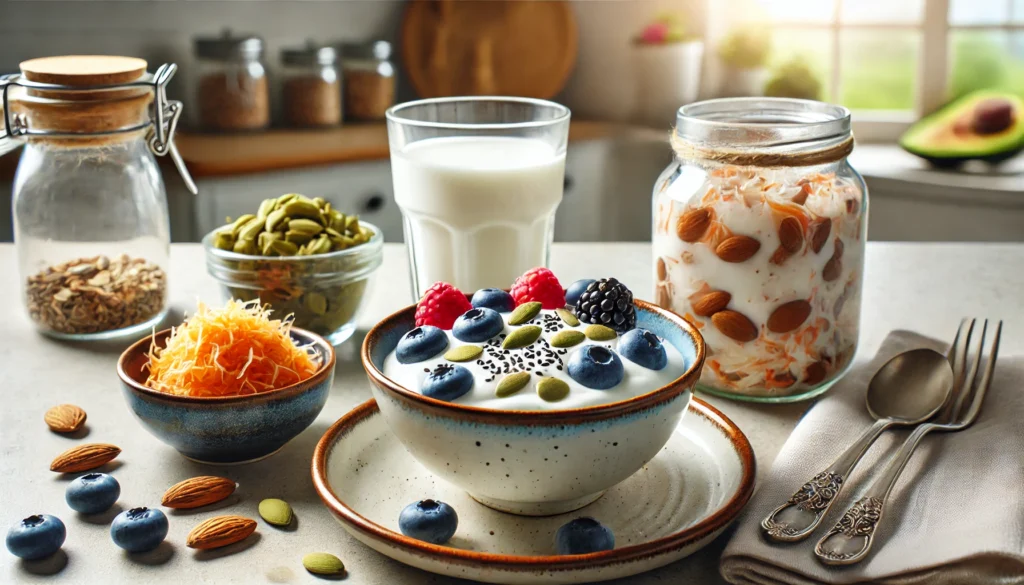 A health-conscious breakfast featuring a bowl of Greek yogurt with fresh berries, nuts, and seeds, accompanied by a glass of kefir and a dish of sauerkraut in a bright kitchen setting.