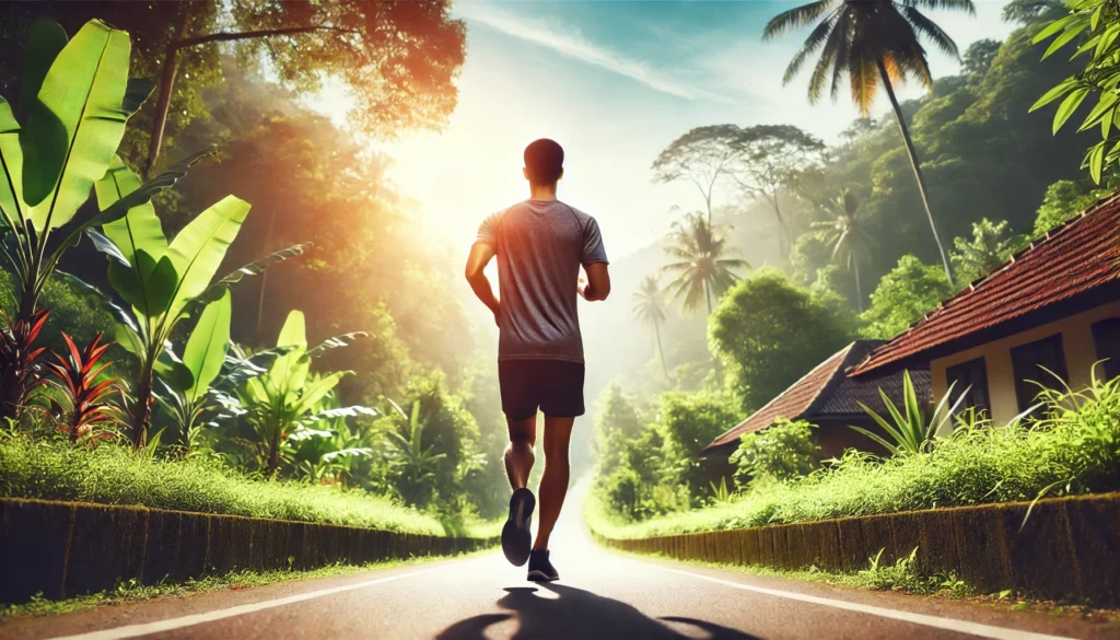 A person jogging outdoors on a scenic path, emphasizing cardiovascular fitness and heart health. The image captures movement and vitality, promoting an active lifestyle as a key factor in maintaining a healthy heart.