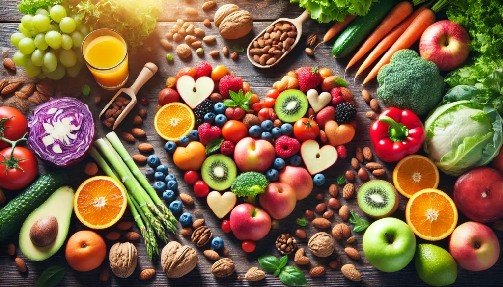 A variety of fresh fruits, vegetables, and nuts arranged in the shape of a heart on a wooden table, symbolizing a nutritious diet for heart health. The vibrant colors and natural lighting emphasize healthy eating habits.