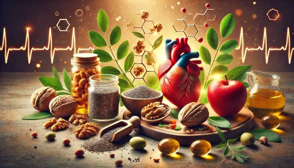 A conceptual illustration of heart-healthy supplements, including walnuts, chia seeds, olive oil, and leafy greens. The warm lighting and natural arrangement emphasize cardiovascular wellness.