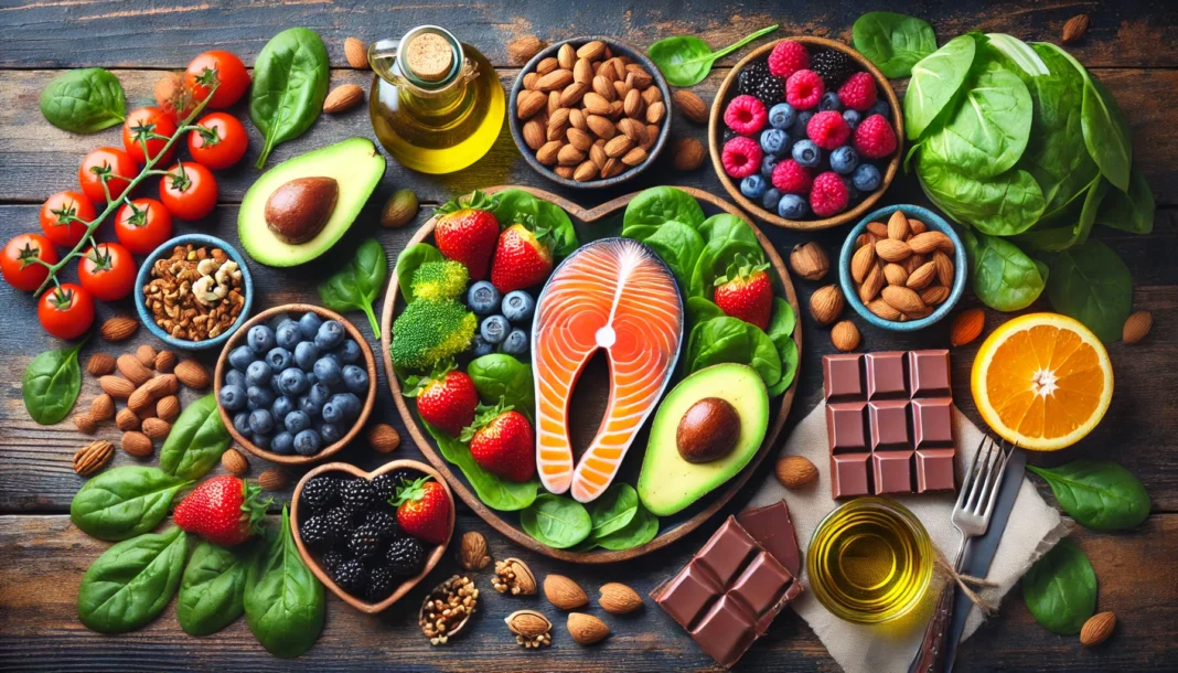 A beautifully arranged selection of heart-healthy foods, including salmon, avocado, nuts, berries, leafy greens, olive oil, and dark chocolate, displayed on a rustic wooden table with fresh, vibrant ingredients.