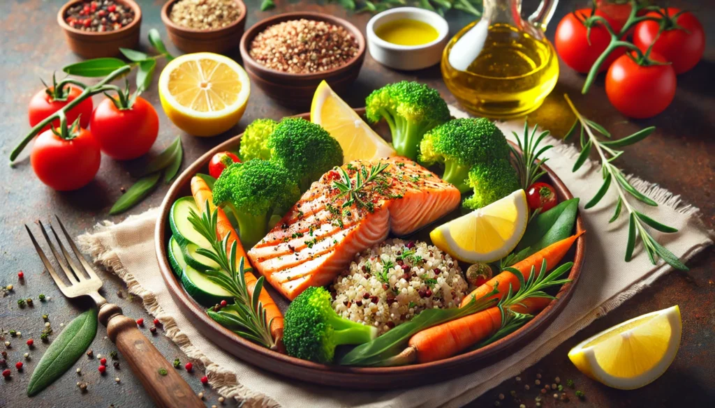 A nutritious, heart-healthy meal featuring grilled salmon, quinoa, steamed vegetables like broccoli and carrots, and a side of olive oil, plated on a warm and inviting dining setup. Ideal for maintaining balanced blood pressure.