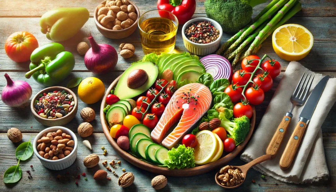 A beautifully arranged heart-healthy meal featuring fresh salmon, avocado, nuts, and colorful vegetables on a wooden table. The vibrant colors and natural lighting emphasize nutrition and balance for cardiovascular wellness.