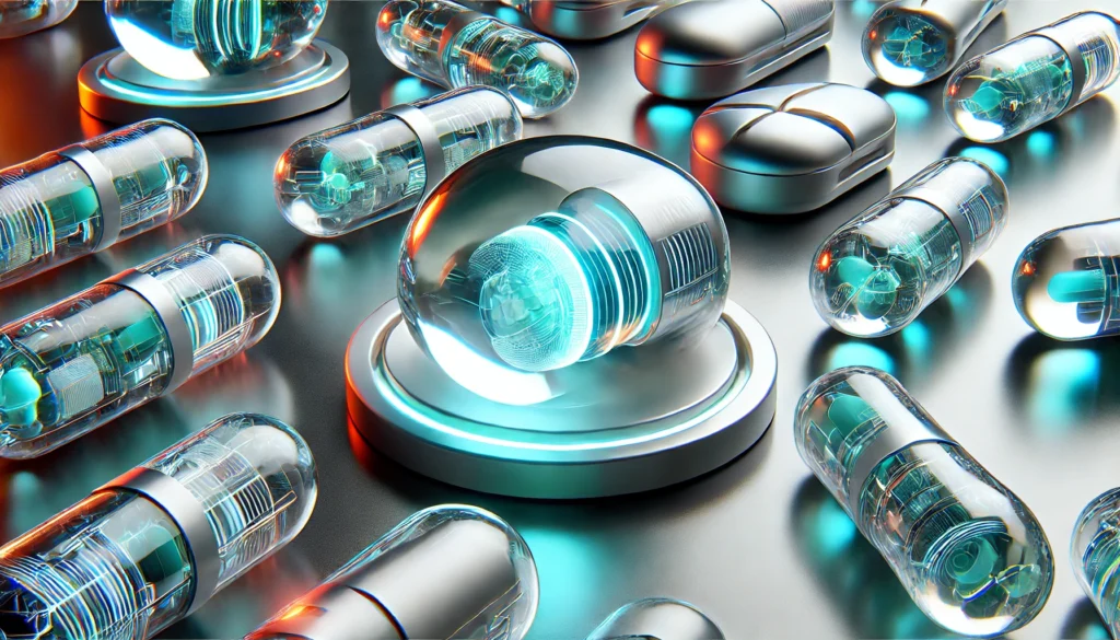 A close-up of futuristic capsules and tablets with glowing cores and liquid-filled transparent shells. The pills rest on a reflective surface under bright laboratory lighting, representing advanced medical technology.