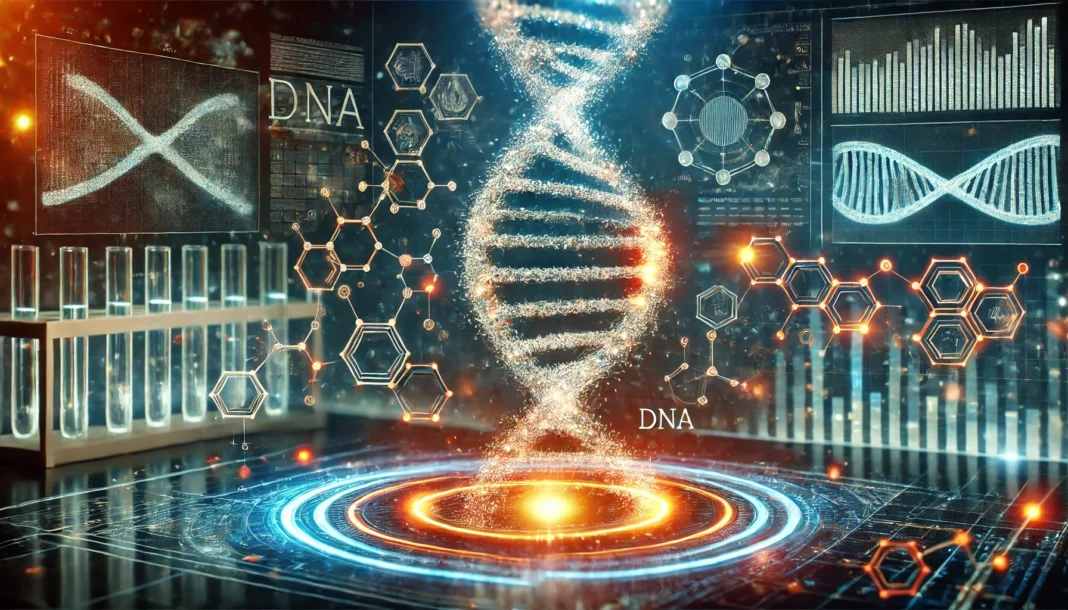 A conceptual image of a glowing DNA strand with irregular, mismatched genetic sequences, set against a high-tech laboratory background with futuristic digital elements, symbolizing genetic mutations.