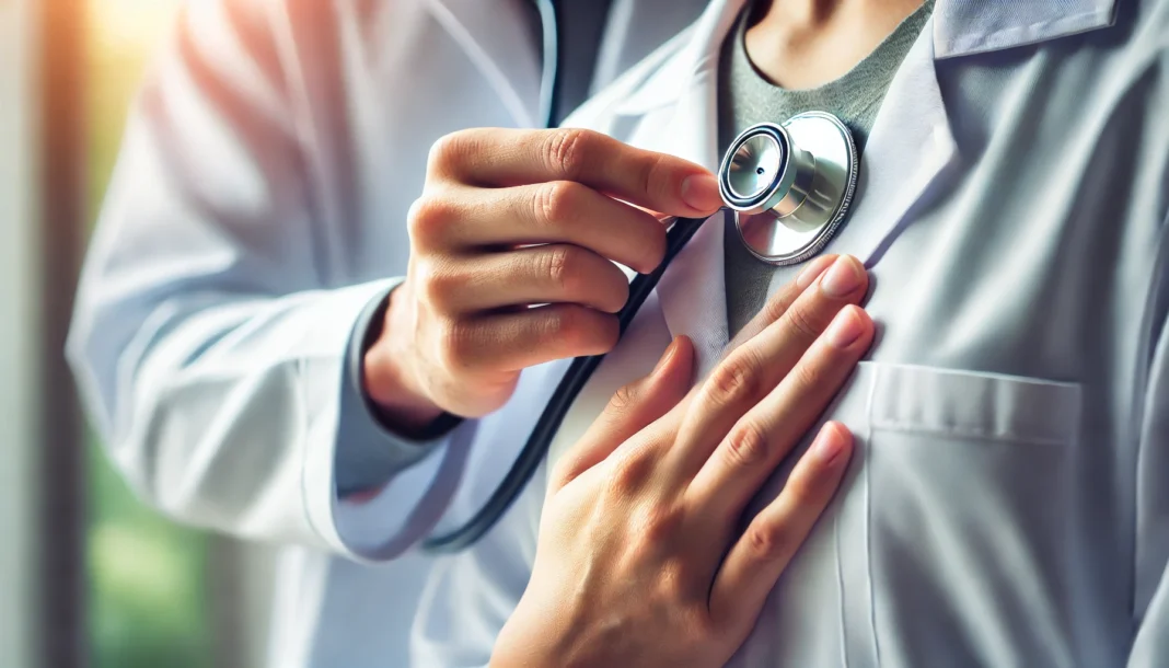 A close-up image of a doctor using a stethoscope to listen to a patient’s heartbeat, symbolizing heart health awareness and medical check-ups. The scene emphasizes cardiovascular wellness in a clean and professional setting.