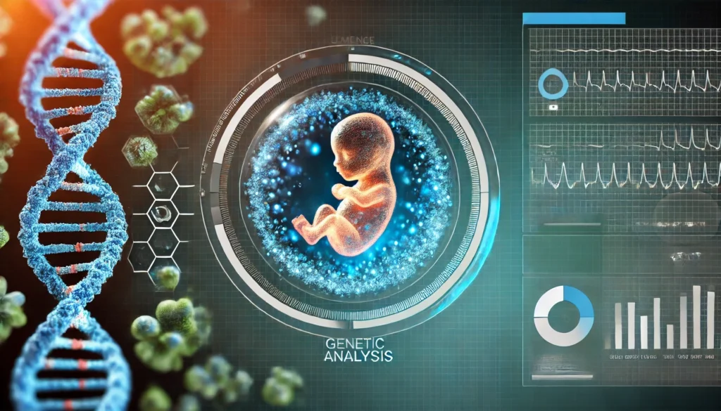 A conceptual medical illustration of a glowing human embryo with visible genetic abnormalities, surrounded by a digital analysis interface, symbolizing genetic mutations and developmental disorders.