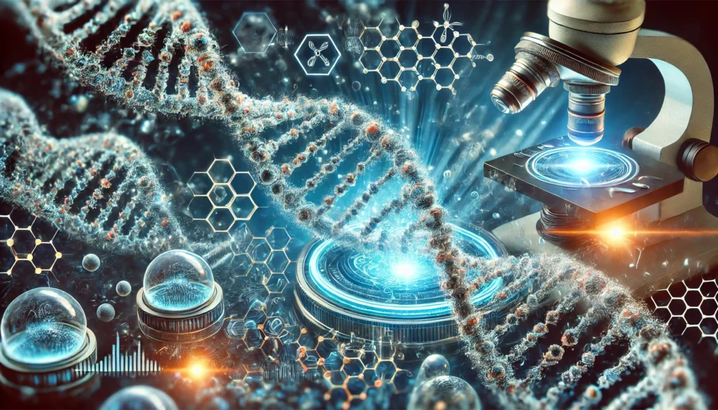 A highly detailed microscopic visualization of gene mutation research, showing DNA strands with visible mutations being analyzed by futuristic biotech tools. Glowing molecular structures and nanotechnology interact with genetic material, representing breakthroughs in precision medicine.