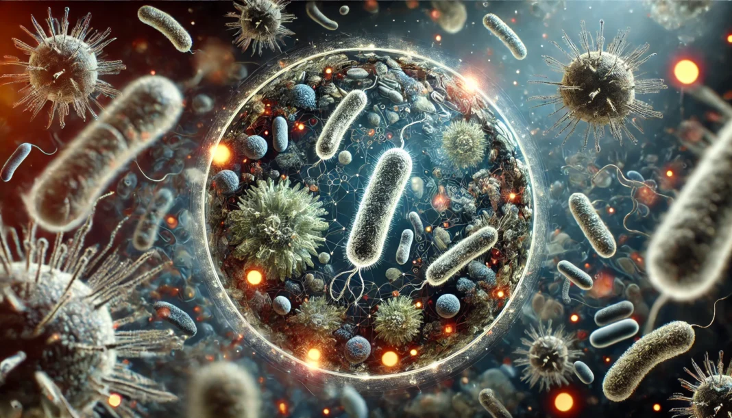 A close-up digital rendering of microscopic bacteria and viruses spreading in a dark environment. The glowing particles and intricate biological details symbolize the complexity of infectious diseases.