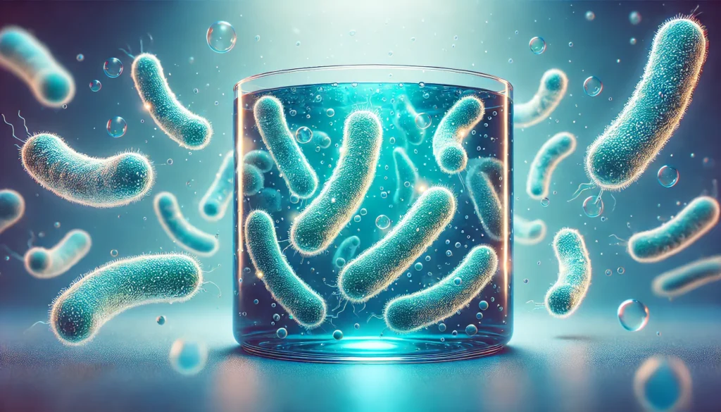 An artistic representation of probiotic bacteria under a microscope, floating in a blue fluid. The bacteria appear healthy and active with a subtle glow, symbolizing their role in gut health and digestion.