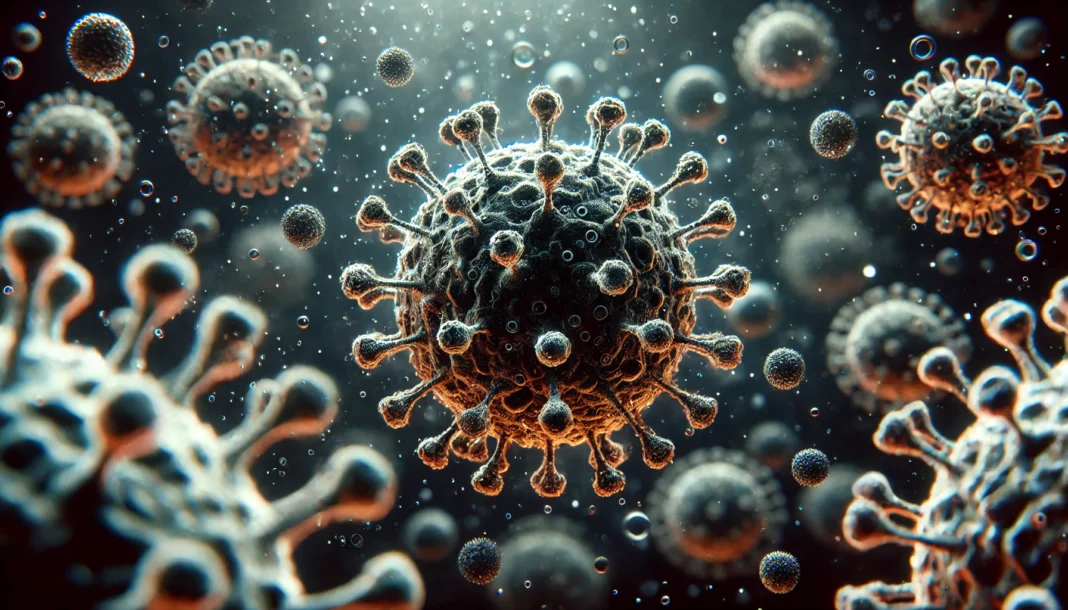 A close-up digital rendering of microscopic viruses and pathogens floating in a dark environment. The glowing particles with intricate textures symbolize the biological complexity of infectious agents.