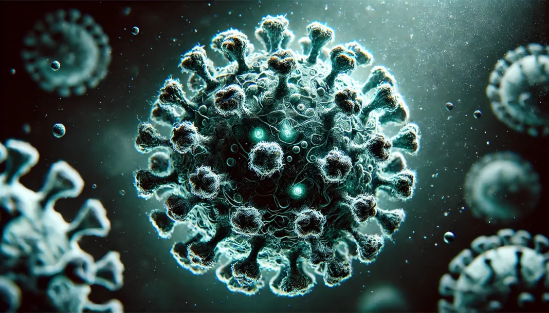 A futuristic microscopic depiction of a new virus, featuring a highly detailed glowing pathogen with spiky surface proteins, floating in a dark and ominous environment.