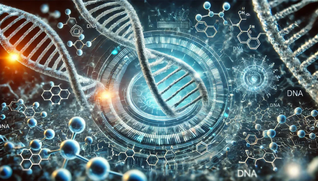 A futuristic close-up of a DNA strand being analyzed at the molecular level, with glowing nucleotides and biotechnology-inspired elements. The image symbolizes gene expression, DNA sequencing, and genetic engineering.