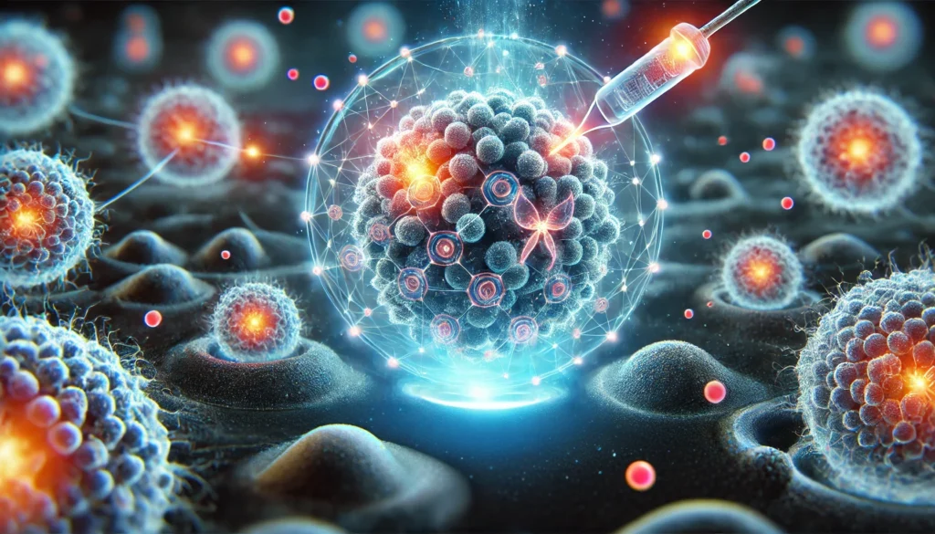 A microscopic view of nanotechnology-based drug delivery targeting cancer cells. Tiny nanoparticles release medicine precisely at tumor sites, glowing with a futuristic effect to represent innovative oncology therapies.