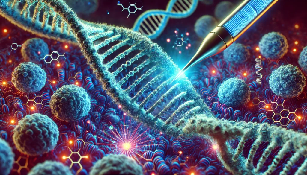 An artistic visualization of gene therapy, featuring a glowing DNA helix being edited by nanotechnology-inspired particles within a microscopic cellular environment. The vibrant scene highlights precision genetic modifications.