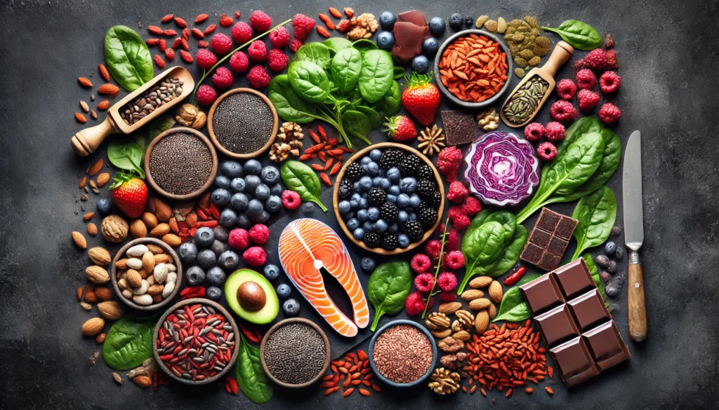 A top-down view of superfoods, including berries, leafy greens, seeds, salmon, dark chocolate, and legumes, displayed on a dark slate background.