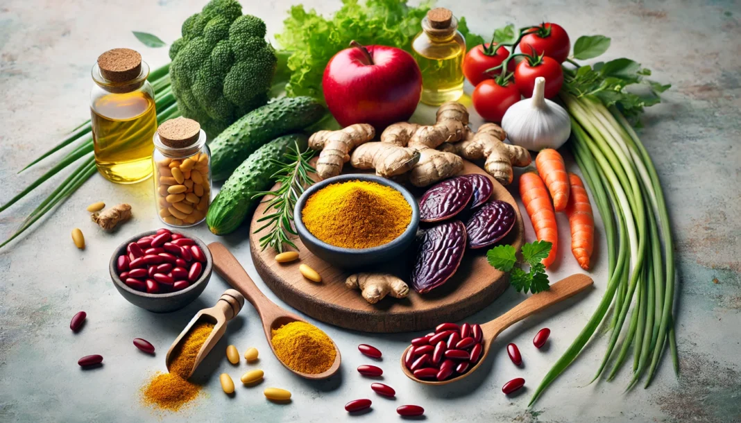 A health-focused image showcasing natural cholesterol-lowering supplements such as turmeric roots, red yeast rice, and fresh vegetables. The organic backdrop symbolizes natural healing and heart health.