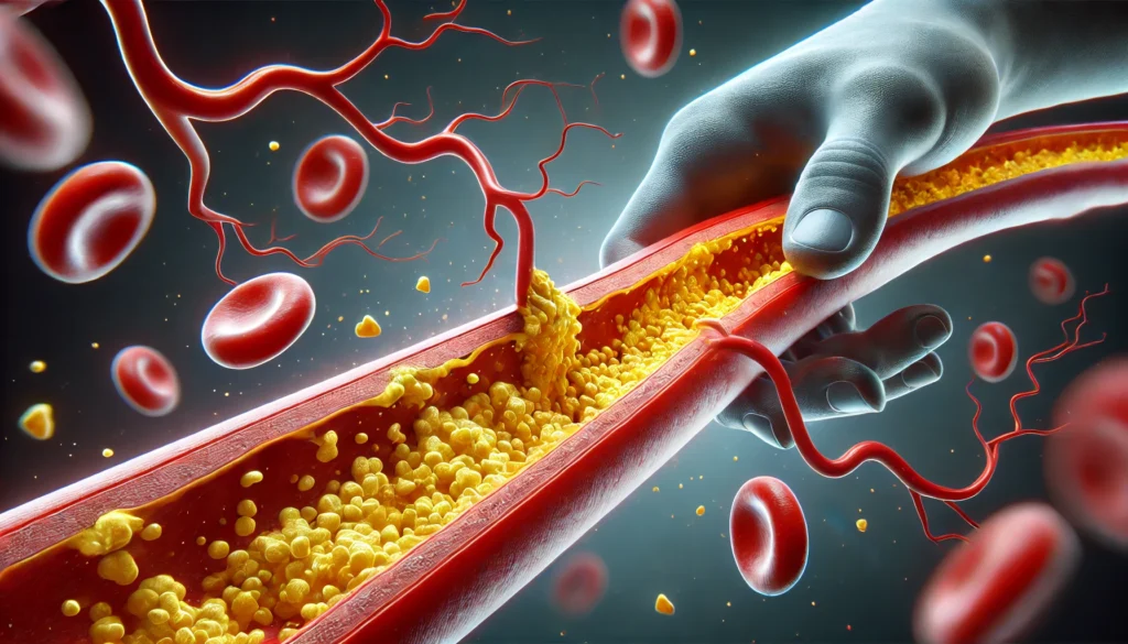 A 3D-rendered illustration of a human artery with cholesterol deposits causing a narrowed blood vessel, visually representing how coronary heart disease develops and restricts blood flow.