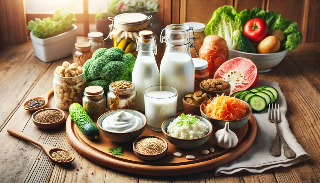 A vibrant display of probiotic-rich foods, including yogurt, kefir, kimchi, sauerkraut, and miso, arranged on a wooden table with natural lighting. The image emphasizes the freshness and variety of these gut-friendly foods.