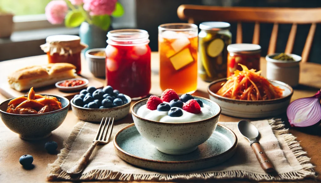 A vibrant probiotic-rich meal featuring homemade yogurt with fresh berries, a side of fermented vegetables like kimchi and pickles, and a glass of kombucha, presented on a well-lit dining table to promote gut health.