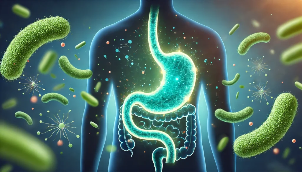 A glowing human stomach silhouette surrounded by beneficial probiotic bacteria in a soft blue and green color scheme. The image represents gut health, balance, and the positive effects of probiotics on digestion.