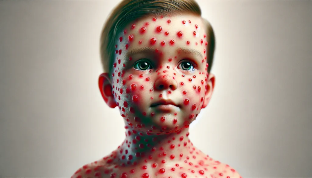 A medical-style image of measles rash on a child's face and body. The skin is covered in small, red, slightly raised spots that merge together in some areas, showing an accurate representation of the infection. No text or labels.