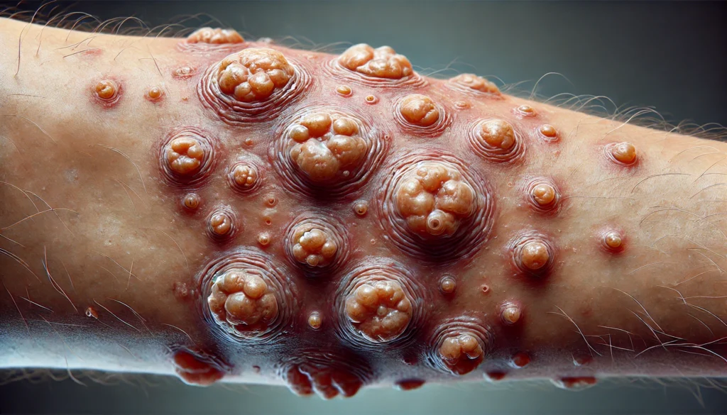 A highly detailed, medical-style image of monkeypox skin lesions on a human arm. The blisters are raised and pus-filled, surrounded by inflamed and reddened skin, illustrating various stages of the infection. 