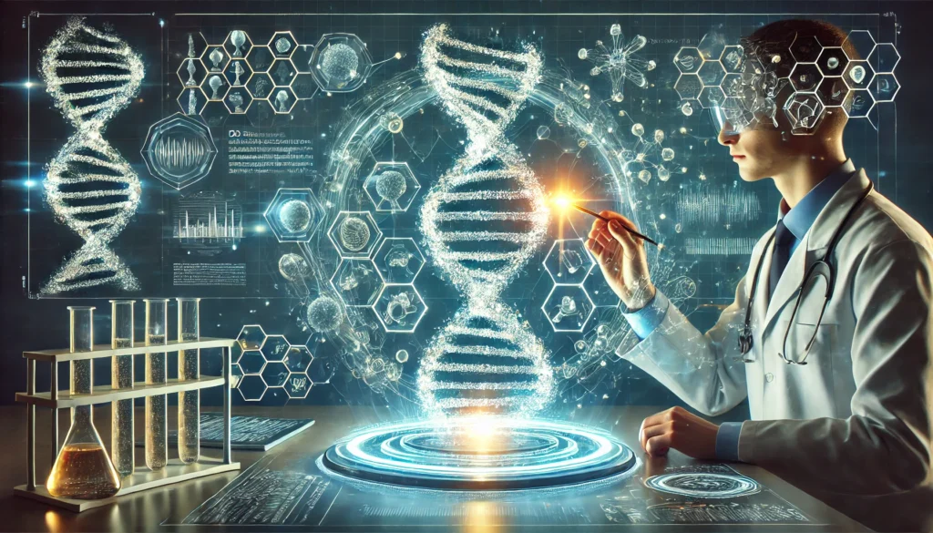 A futuristic medical researcher examining a 3D holographic DNA model in a high-tech lab, with floating molecular structures and genetic data projections representing disease treatment breakthroughs.