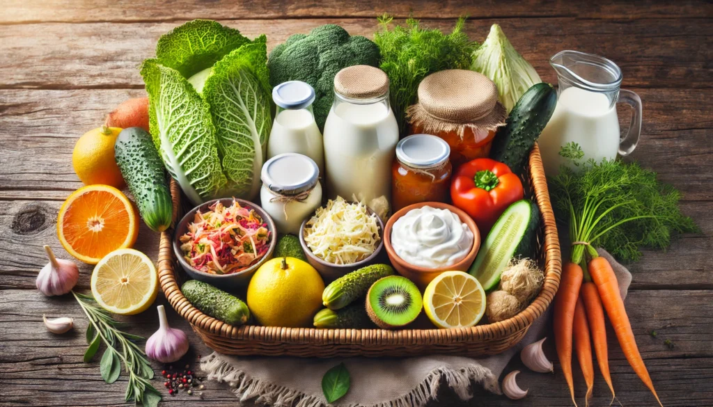 A rustic basket filled with probiotic foods such as kefir, yogurt, kombucha, kimchi, and fermented vegetables, arranged with fresh herbs and citrus fruits on a wooden background.