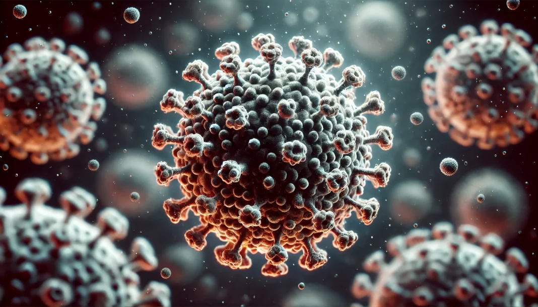 A highly detailed, microscopic-style illustration of measles virus particles. The virions are spherical with surface spike proteins, floating in a dark, blurry background. No text or labels.