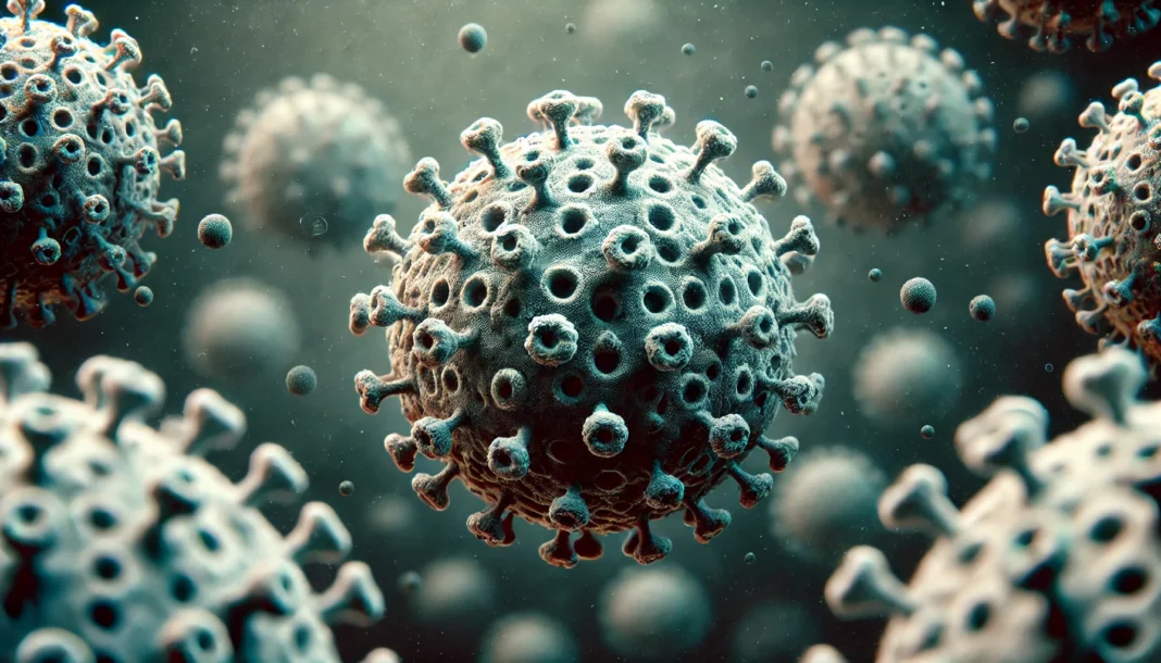 A highly detailed, microscopic-style illustration of monkeypox virus particles. The virions are oval-shaped with a textured surface, floating in a dark, blurry background.