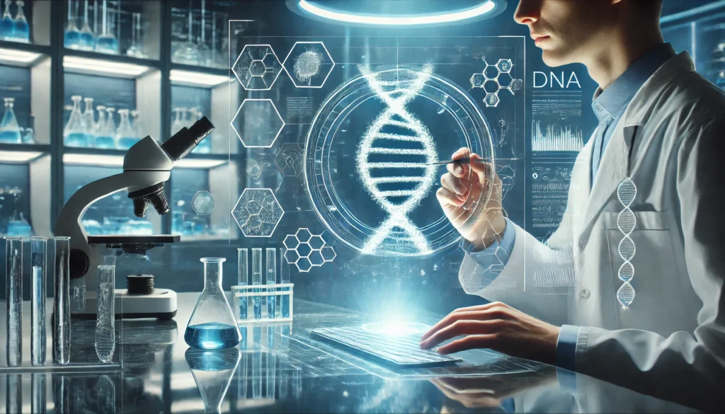 A scientist working in a futuristic laboratory using a high-tech digital interface to manipulate a holographic DNA helix, set in a sleek, clean, and illuminated environment emphasizing genetic modification precision.