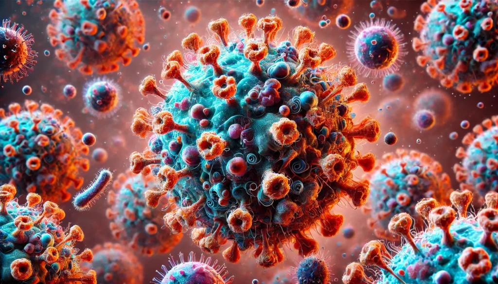 A highly detailed microscopic visualization of various viruses and pathogens, featuring spherical and spiky virus particles suspended in fluid. The vibrant colors emphasize microbial diversity.