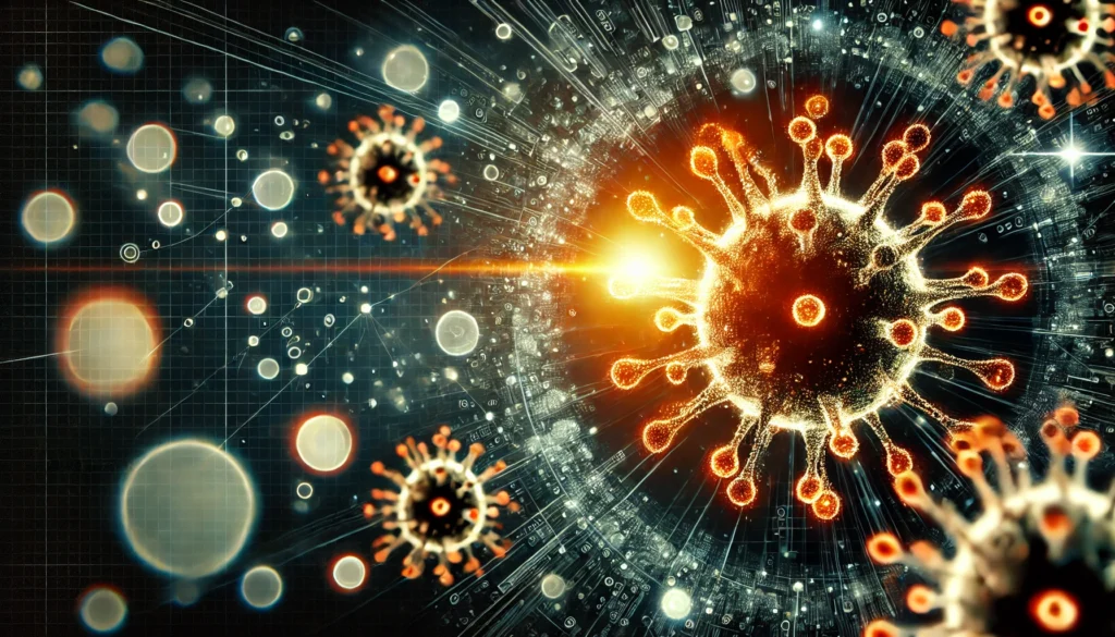 A dramatic digital illustration showing multiple virus particles dispersing through the air, with glowing orbs symbolizing viral transmission in a high-contrast, mysterious setting.