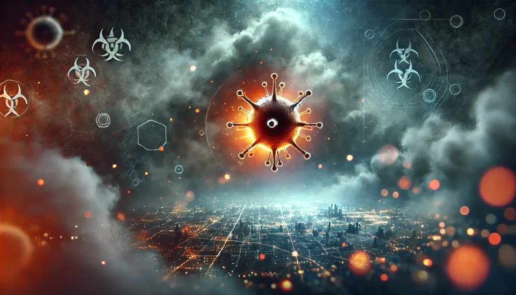 A conceptual image featuring a glowing virus particle suspended in a misty environment, representing the invisible spread of infectious diseases in a moody, atmospheric setting.