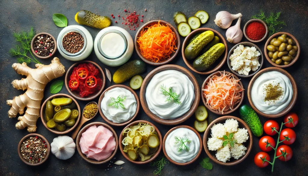 An overhead shot of probiotic foods like kefir, Greek yogurt, kimchi, sauerkraut, tempeh, and pickles in small bowls on a dark stone background, complemented by fresh herbs and spices.