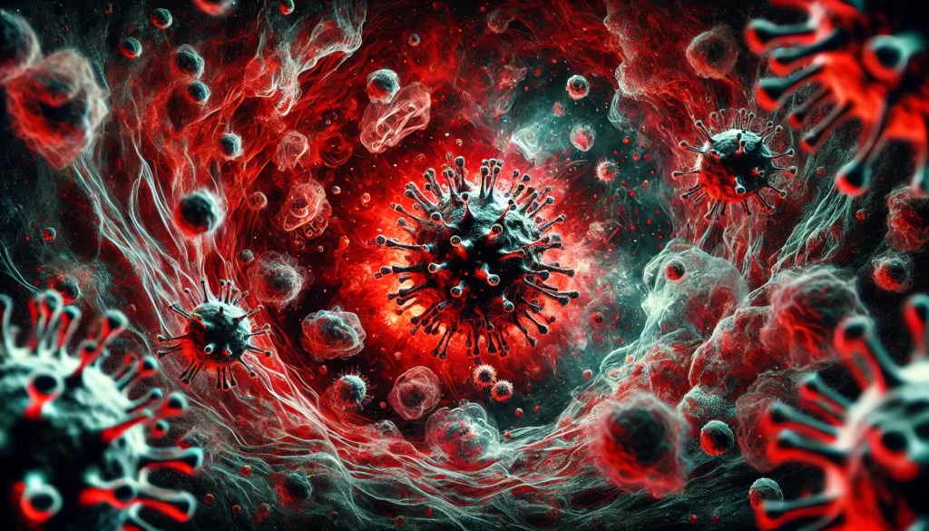 A dramatic visualization of a virus aggressively invading and replicating within a human cell, using intense red and dark shades to highlight the threat of a new viral outbreak.