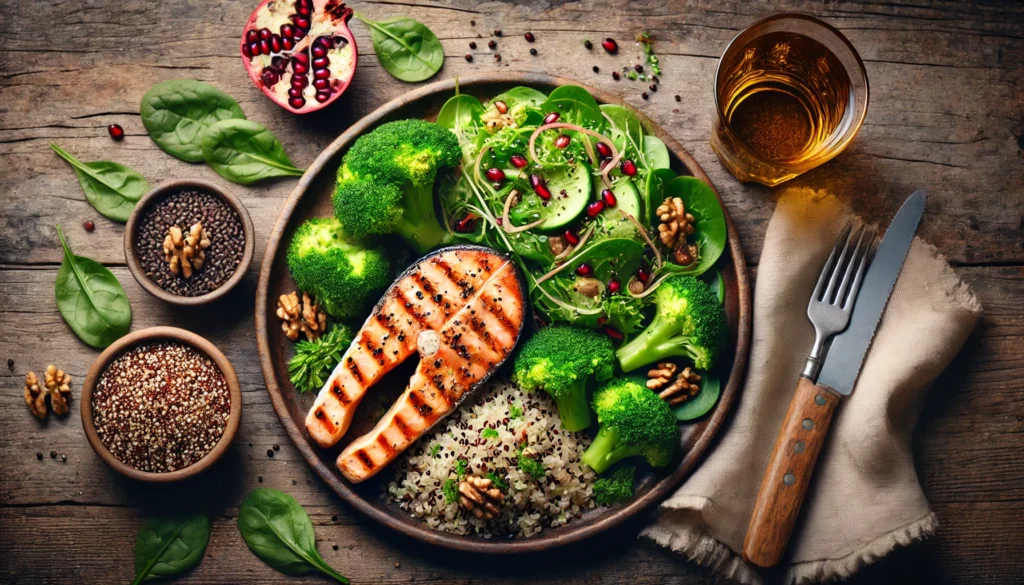 A top-down view of a heart-healthy meal featuring grilled salmon, quinoa, steamed broccoli, and a fresh green salad with walnuts and pomegranate seeds, placed on a rustic table under natural light.