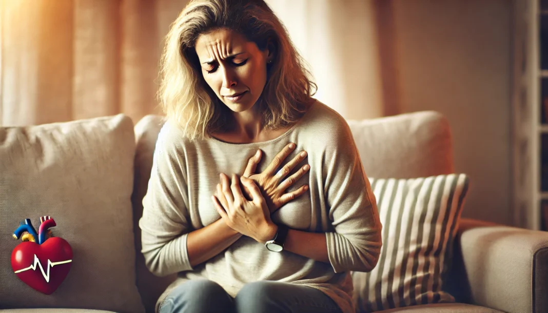 A middle-aged woman sitting on a couch, clutching her chest with a pained expression. The blurred background emphasizes her discomfort, highlighting the risk of heart attacks in females.