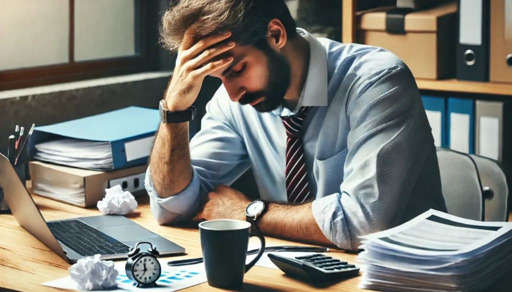 A stressed man sitting at his office desk, holding his head with exhaustion. A cup of coffee and a pile of paperwork are visible, representing workplace stress as a contributing factor to high blood pressure.