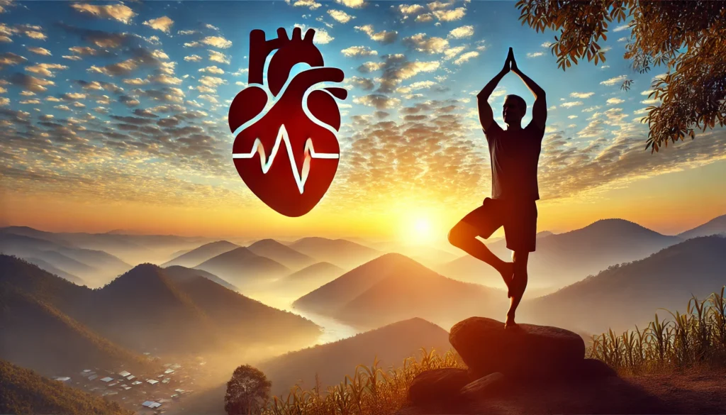 A person practicing yoga on a peaceful hilltop at sunrise, symbolizing stress reduction and physical activity as effective methods for lowering cholesterol and improving overall wellness.