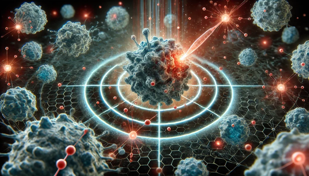 A microscopic view of cancer cells being precisely targeted and destroyed by specialized molecular therapies. The glowing, high-tech visualization represents the accuracy and effectiveness of precision therapy cancer treatments in targeting tumor cells while sparing healthy tissue.