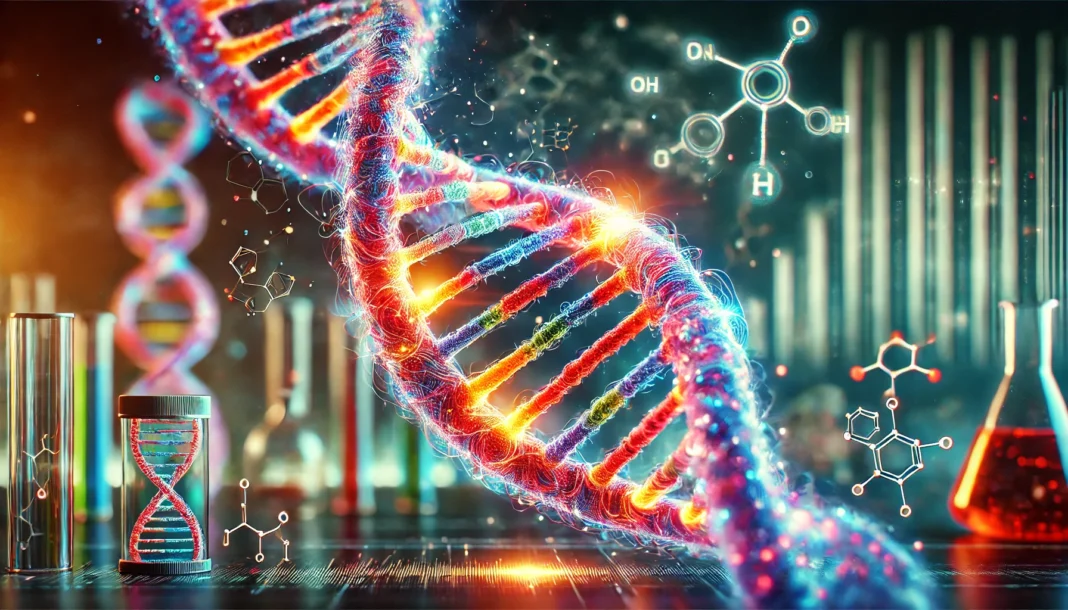 A highly detailed 3D rendering of a glowing DNA double helix, symbolizing genetic advancements in cancer research. The background features a blurred high-tech laboratory, emphasizing the role of genomic testing in precision medicine.