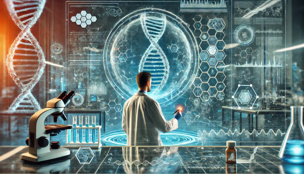 A medical researcher in a futuristic lab analyzing holographic DNA data, surrounded by advanced biotechnology interfaces. The scene represents the integration of artificial intelligence and machine learning in genomic testing for cancer treatment.