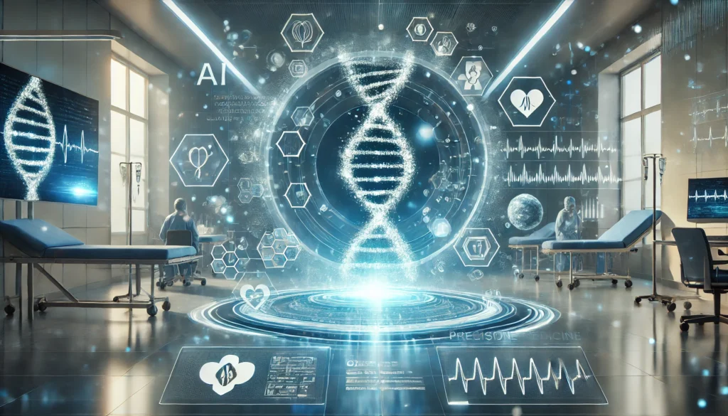 A futuristic hospital where doctors use AI-powered genetic analysis to customize treatments. A large holographic DNA strand is at the center, surrounded by floating medical data and patient health statistics. The cool blue lighting emphasizes precision medicine.