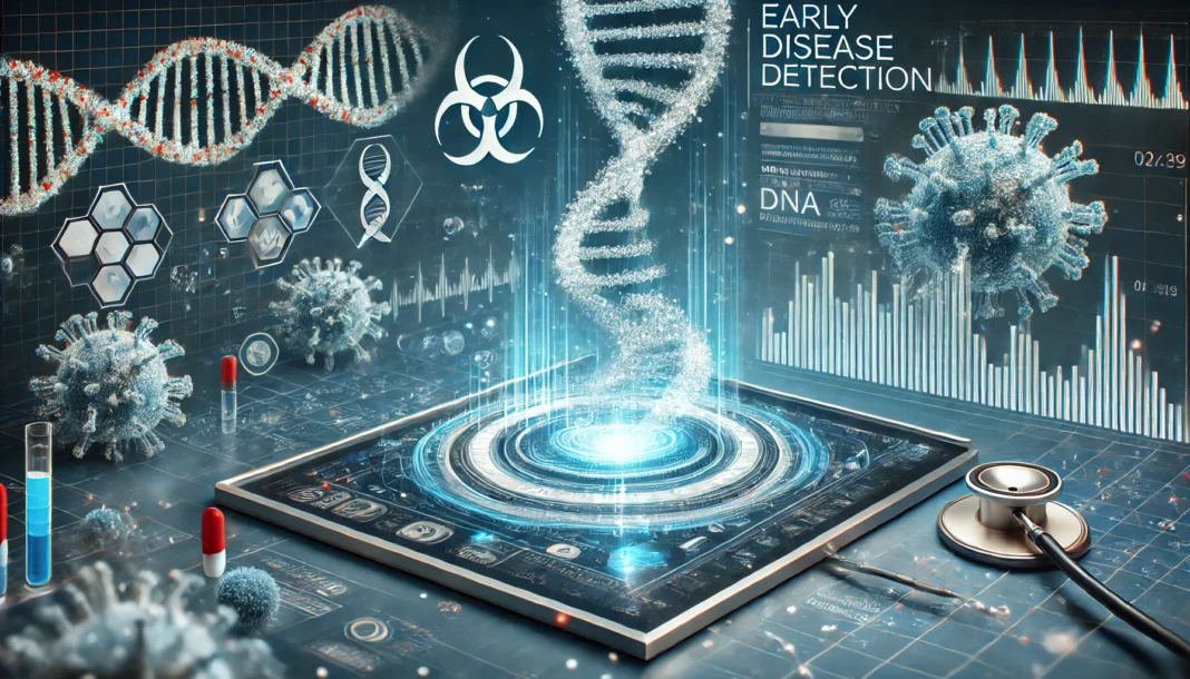 A futuristic representation of early disease detection using genetic testing, featuring a glowing DNA helix integrated into a digital medical chart. Microscopic virus and cell structures float in the background, symbolizing biotechnology advancements.