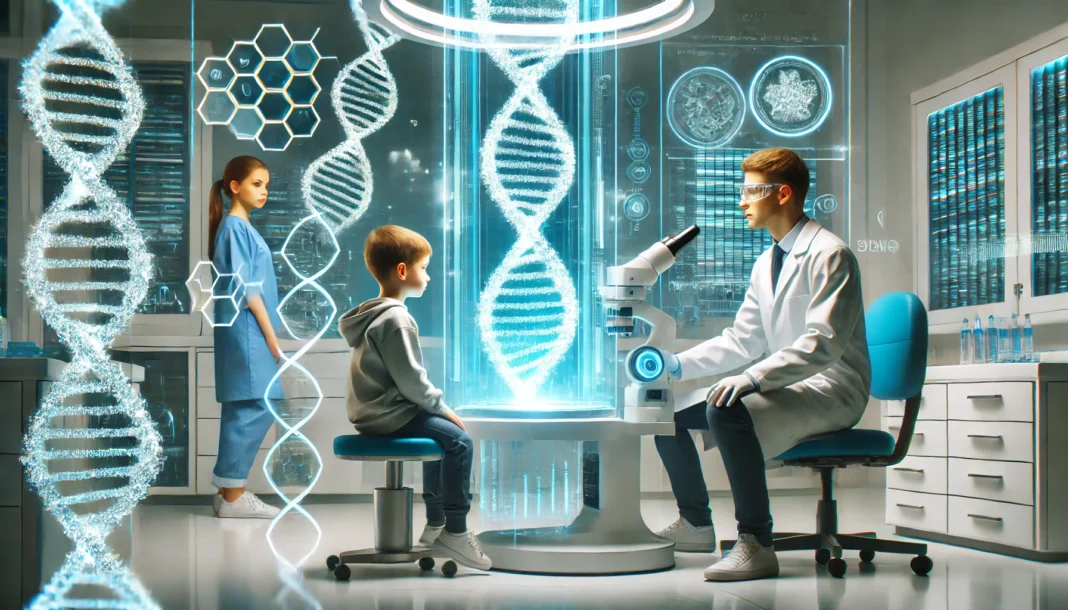 A futuristic medical laboratory where a scientist examines a child's DNA sample under a high-tech microscope. Glowing holographic genetic data appears in the air, while the child and a concerned parent observe attentively.